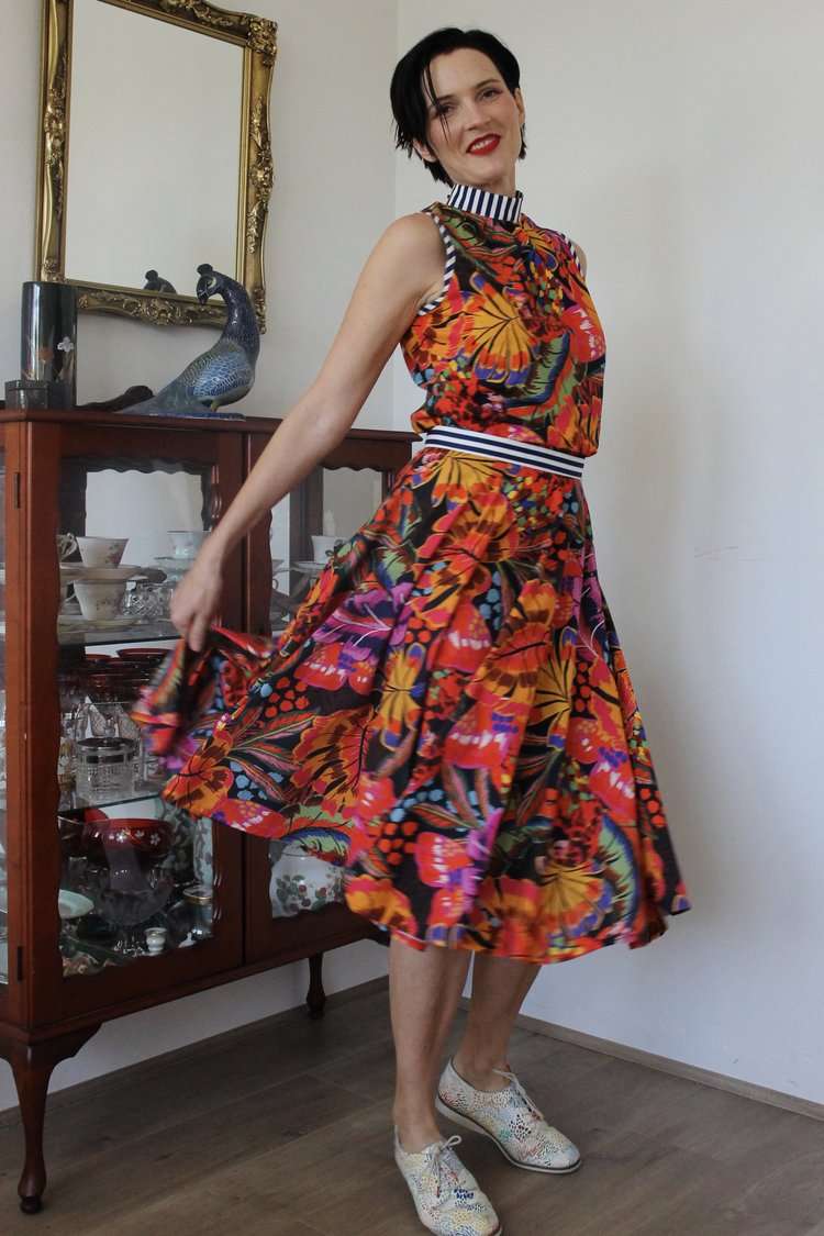 Floral patterned full-skirt dress in bold tropical colors.Christmas haul