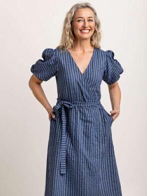 Casual indigo wrap dress with subtle vertical stripes, complete with a waist tie for a flattering, effortless look