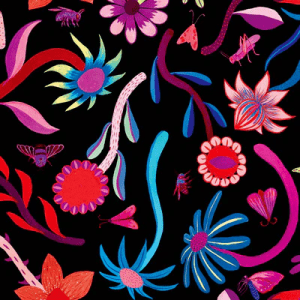 fabric pattern with large, bold floral designs in reds, blues, and oranges, styled with a flower crown and leaning casually against a weathered blue wall. Designed by Australian designer brand Streborclothing.