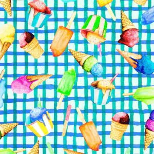 Woman wearing a green and blue dress with a colorful abstract print featuring fruit and ice-cream illustrations, styled for a playful, sunny-day look.