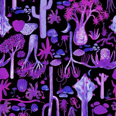 Fabric with a whimsical cactus and desert-themed print in pinks, purples, and blues, standing against a graphic backdrop with matching patterns. Designed by Australian designer brand Streborclothing.