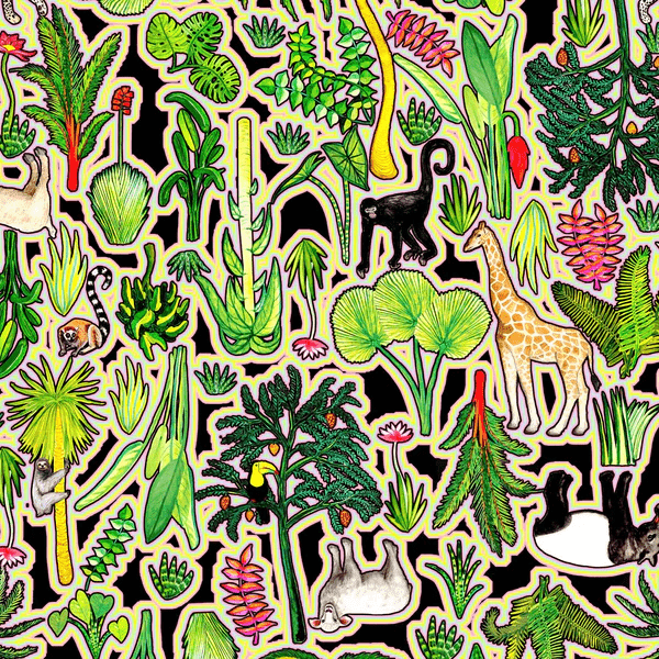 fabric showcases a complex pattern with elements of flora, including leaves, flowers, and abstract natural shapes in shades of green, red, and yellow. The design appears dense and rich, resembling an intricate forest scene. Designed by Australian designer brand Streborclothing.