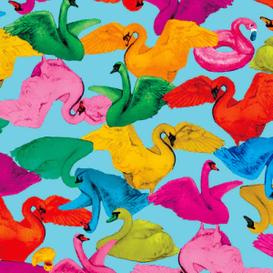 fabric displaying an abstract pattern of vibrant swans in reds, greens, and pinks, against a light blue background, with each swan in a unique position, adding movement and whimsy. Designed by Australian designer brand Streborclothing.