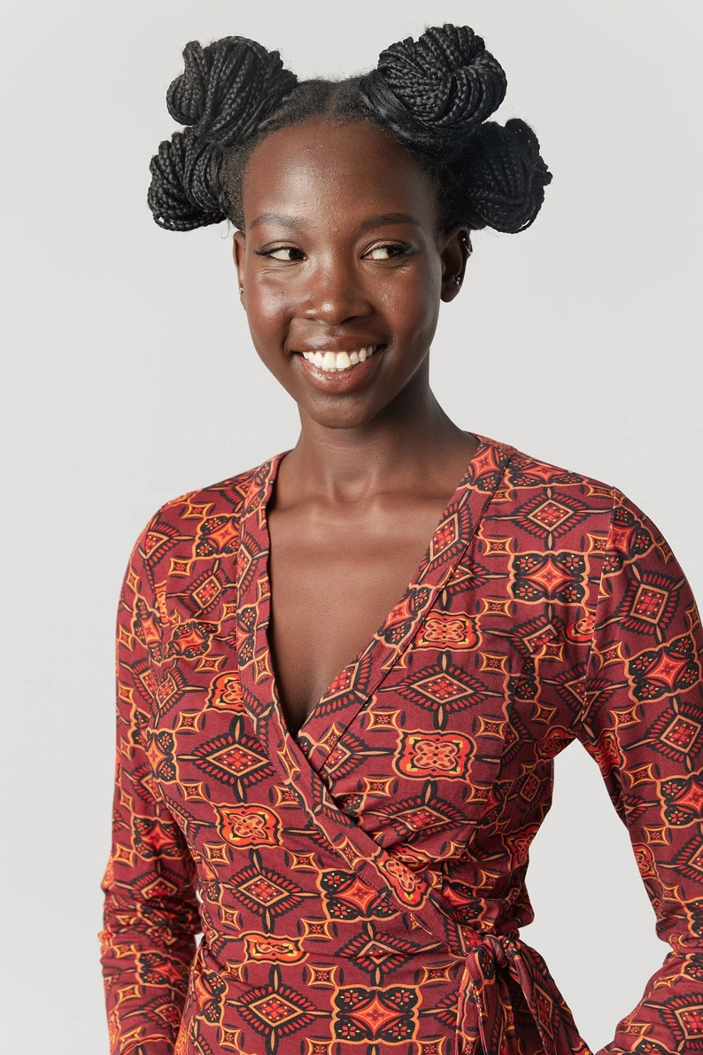 Wrap dress with geometric print: Australian-made wrap dress designed with comfort and timeless style in mind.