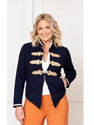 Twiggy Stretch Denim Jacket With Gold Brocade