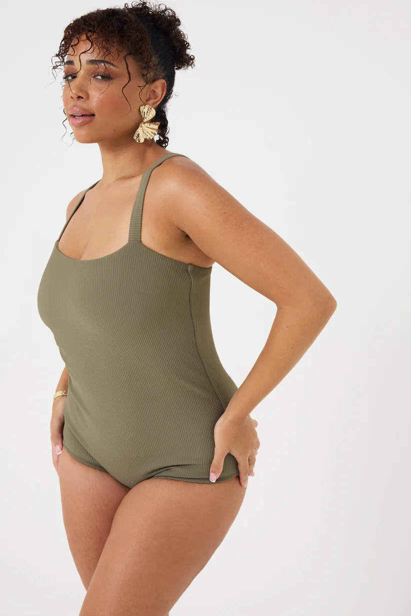 Classic Low-Cut Leg Olive Rib Swimsuit - Image 3