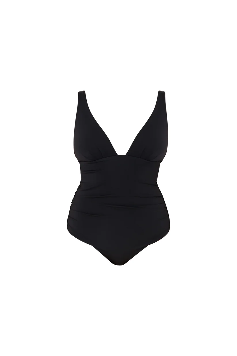 Plunging V-Neckline Smooth Black Swimsuit